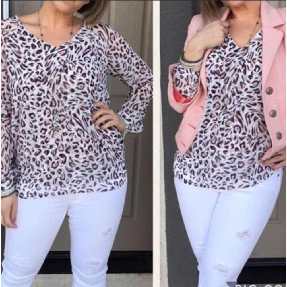 CAbi Leopard Cheetah Print Top Blouse Long Sleeve VNeck‎ Animal Office Boho 5337
